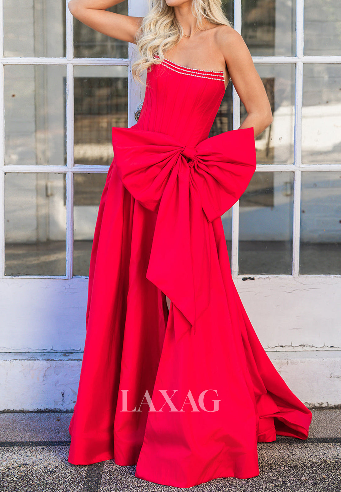 Beaded Scoop-Neck Off-Shoulder Pleated Party Gowns Sleeveless Pleated A-Line Prom Dress with Bow