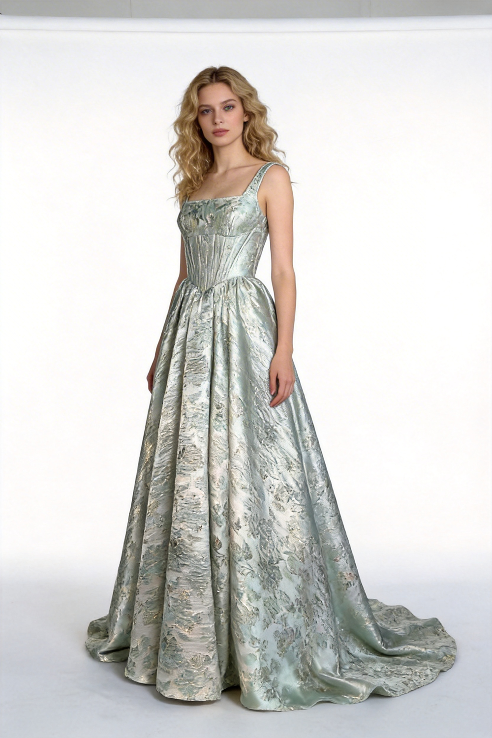 Mint Green Metallic Jacquard Ball Gown With Square Neck and Corset Bodice (ZD17072) - VelvetHem