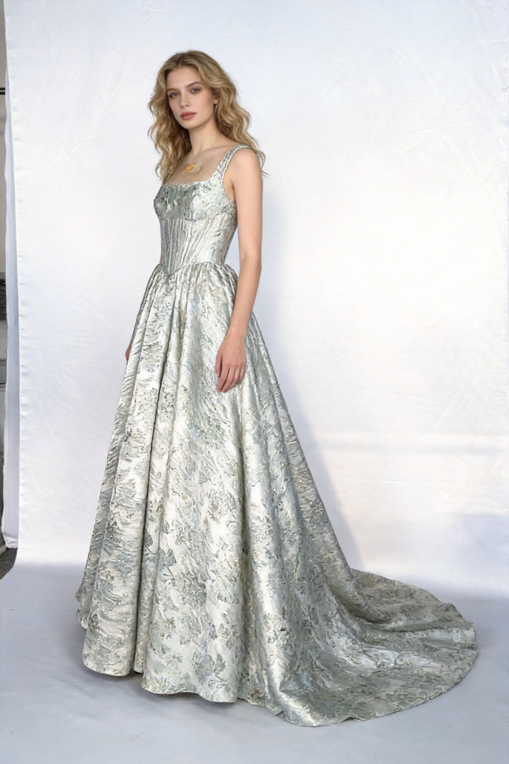 Mint Green Metallic Jacquard Ball Gown With Square Neck and Corset Bodice (ZD17072)