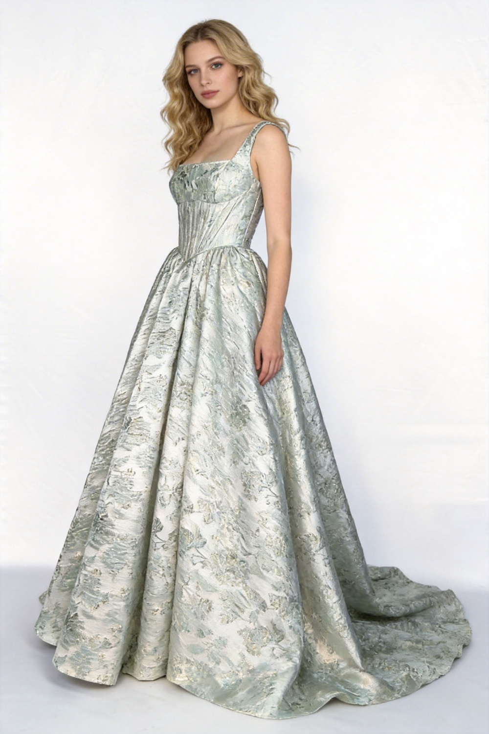 Mint Green Metallic Jacquard Square Neck Ball Gown by ZAPDRESS