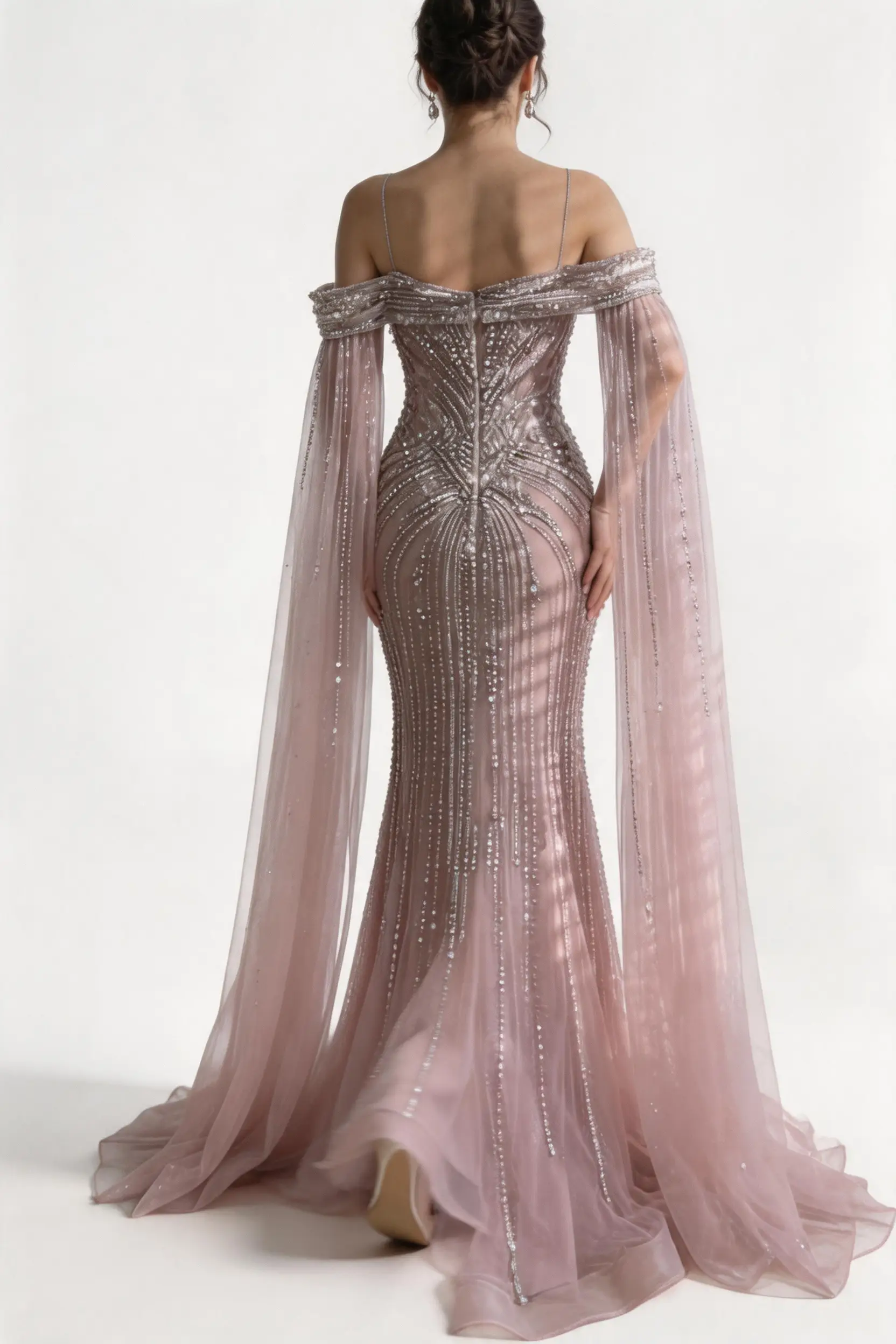 Blush Pink Beaded Off-Shoulder Mermaid Evening Gown with Sheer Cape Sleeves (ZD17068)