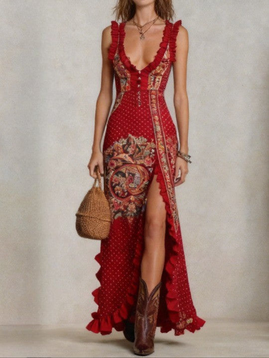 Red Bohemian Printed Dress with Deep V-Neck and High Slit