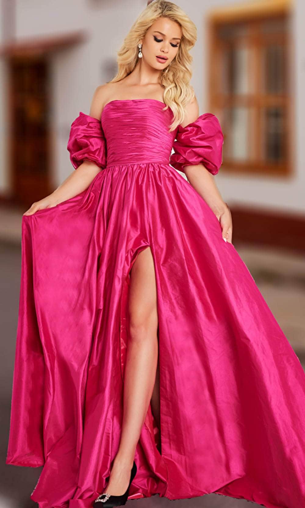 Taffeta Puff Sleeve A-line Gown - VelvetHem