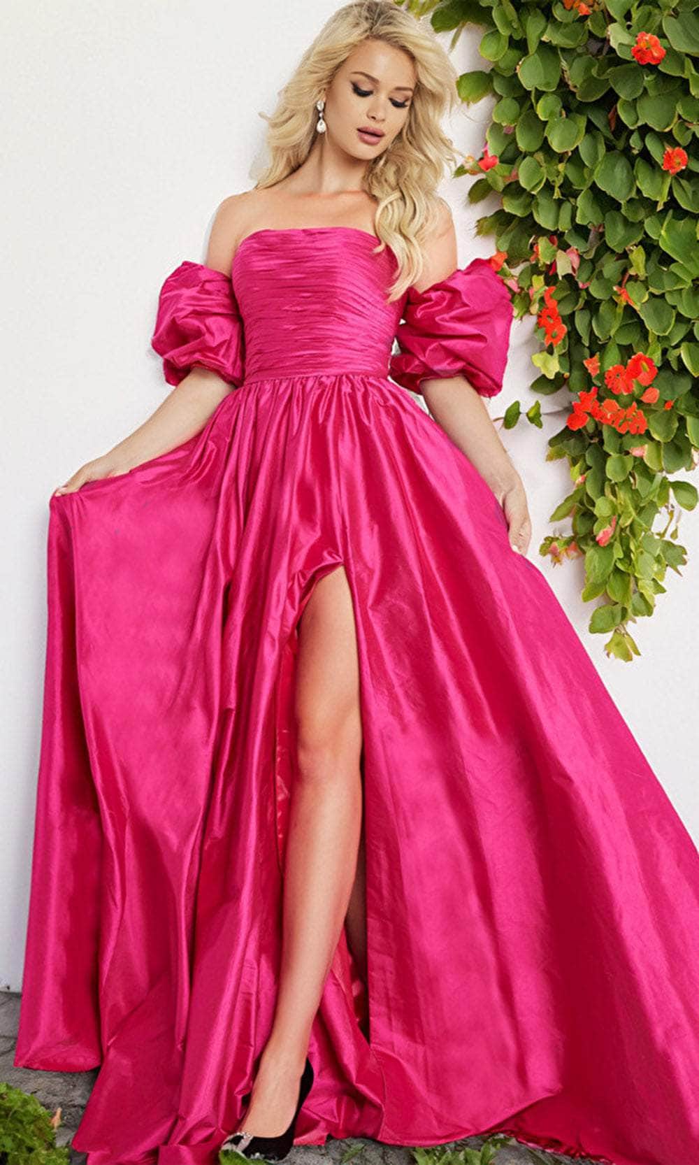 Taffeta Puff Sleeve A-line Gown - View 4 | VelvetHem