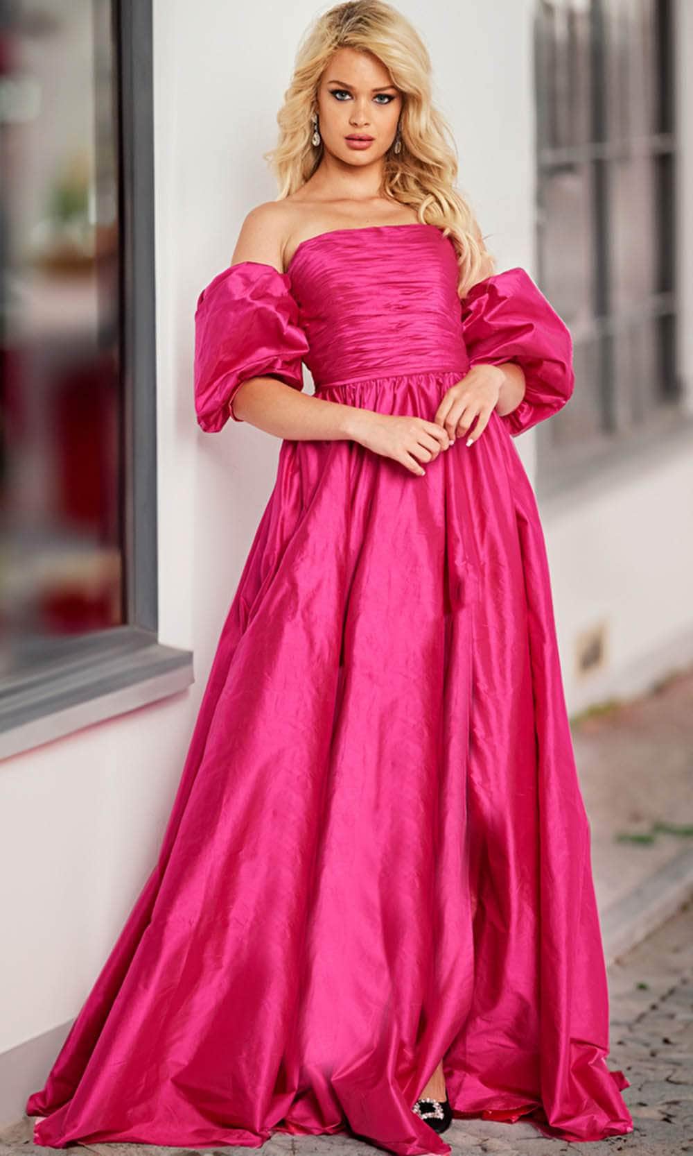 Taffeta Puff Sleeve A-line Gown - View 3 | VelvetHem