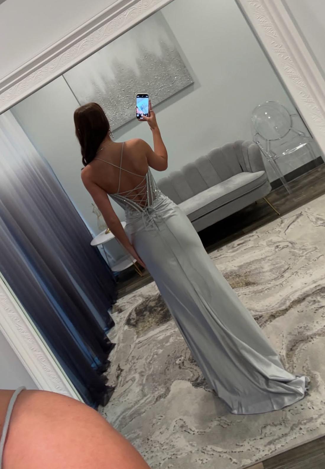 Spaghetti Straps Lace Applique Rhinestone Prom Dresses with Split