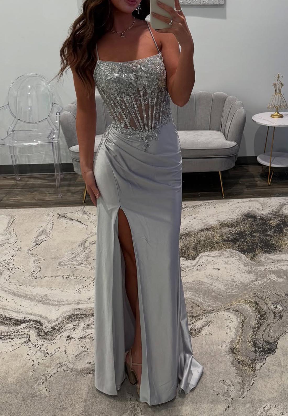Spaghetti Straps Lace Applique Rhinestone Prom Dresses with Split