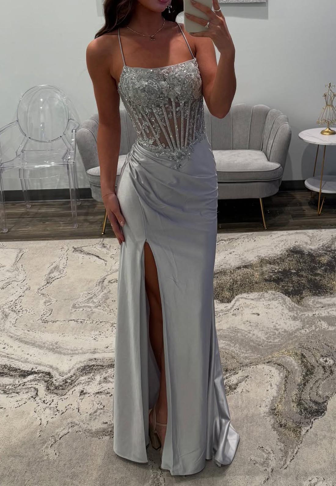 Spaghetti Straps Lace Applique Rhinestone Prom Dresses with Split