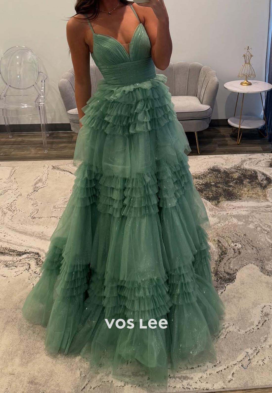 A-Line Spaghetti Straps Pleats Floor-Length Prom Dresses