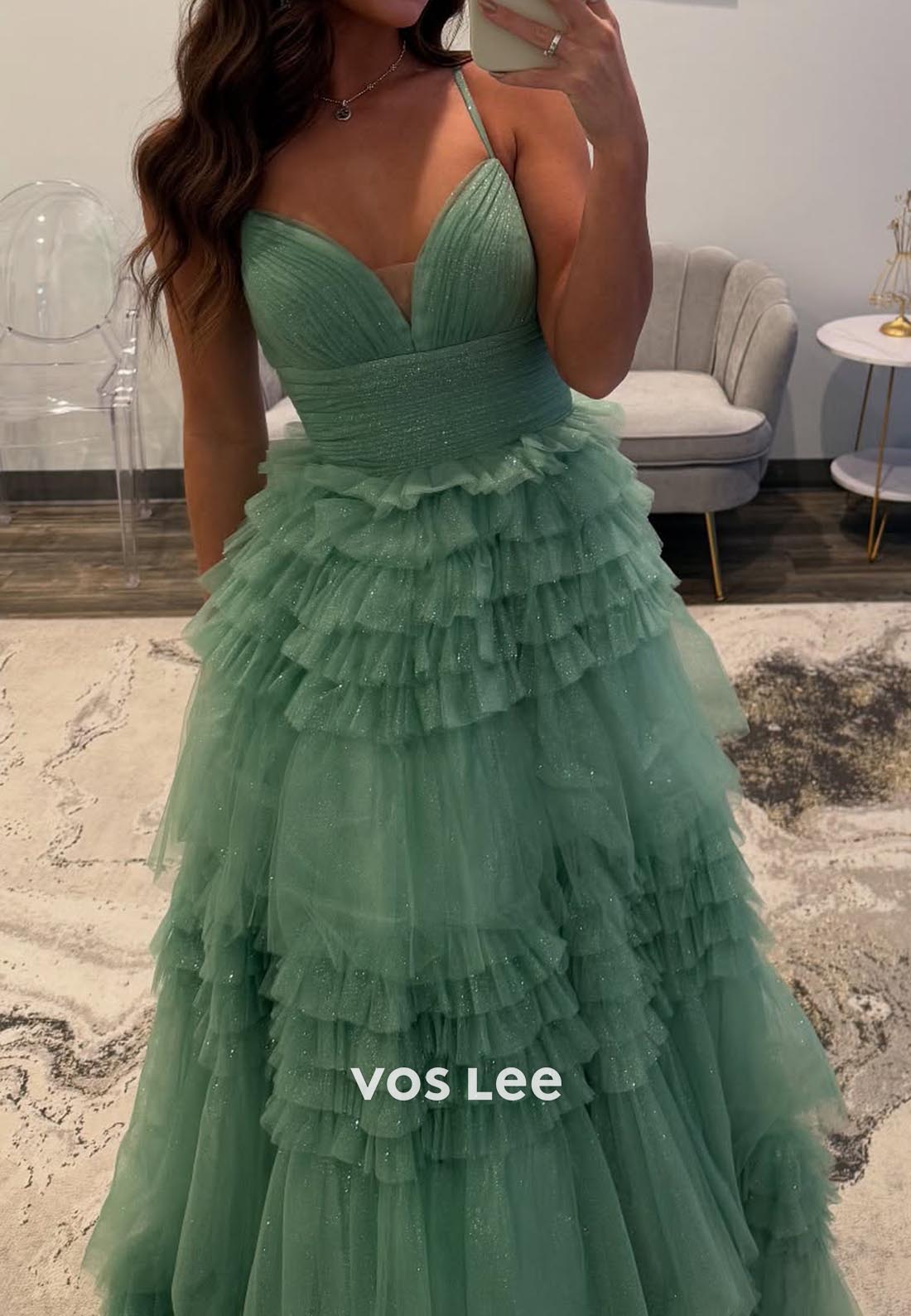 A-Line Spaghetti Straps Pleats Floor-Length Prom Dresses