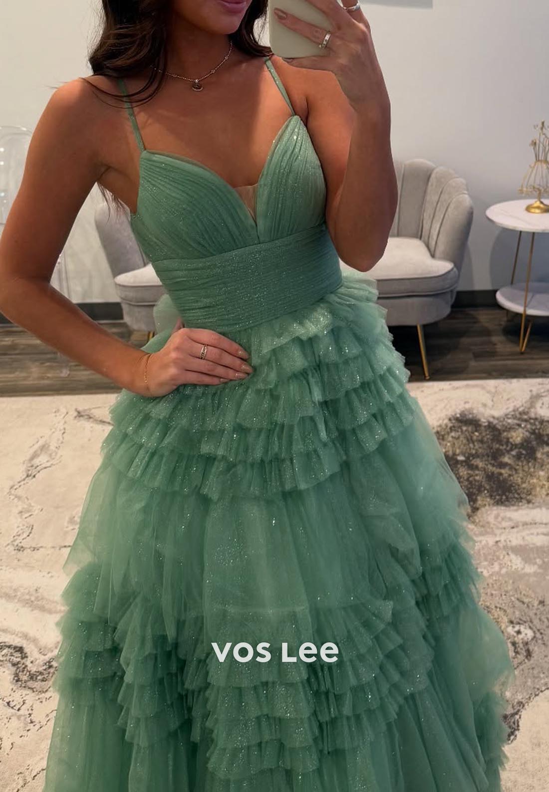A-Line Spaghetti Straps Pleats Floor-Length Prom Dresses
