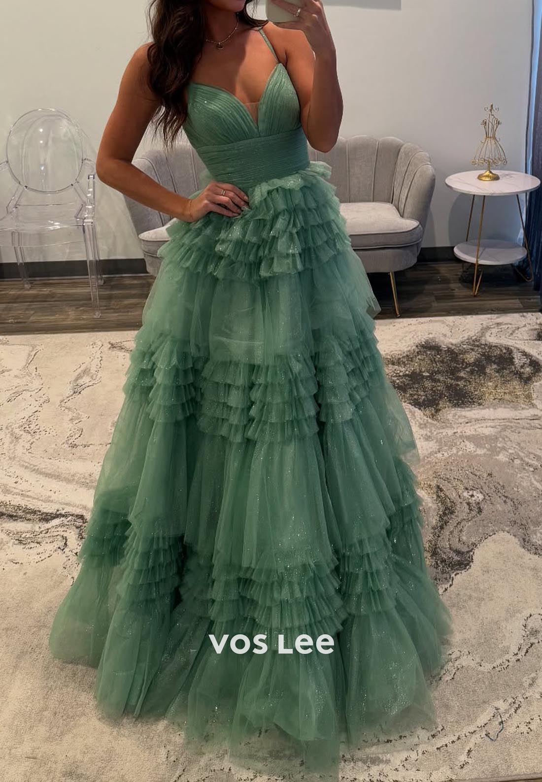 A-Line Spaghetti Straps Pleats Floor-Length Prom Dresses