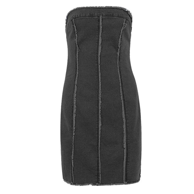 Raw hem zip-up backless contrast denim tube mini dress