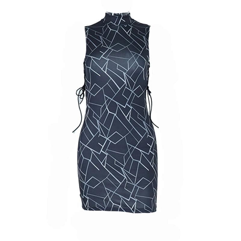 Sleeveless contrast hollow out lace up self tie mini dress