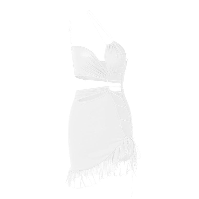 Irregular hollow out ruffle backless one shoulder spaghetti strap mini dress