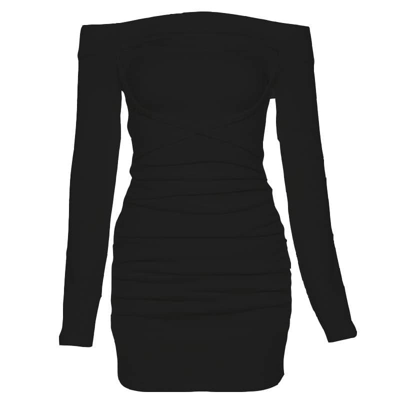 Lace up solid hollow out off shoulder long sleeve mini dress