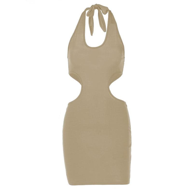 Sleeveless solid v neck halter self tie backless hollow out mini dress