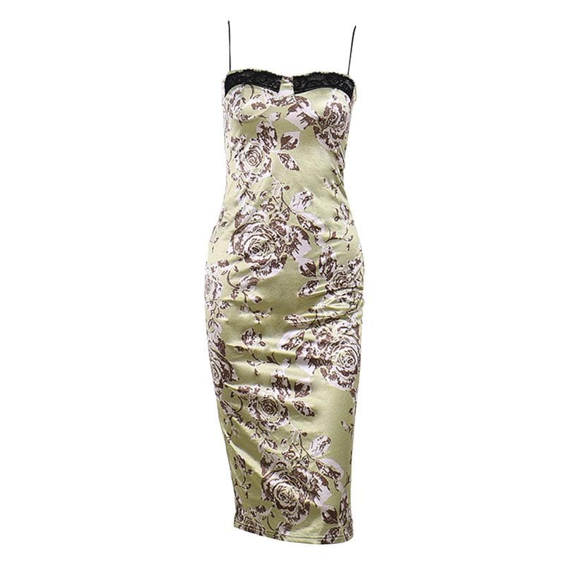 Flower print contrast backless lace hem zip-up midi dress