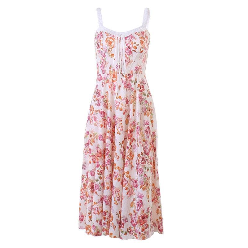 Flower print ruched self tie sleeveless contrast slit zip-up midi dress