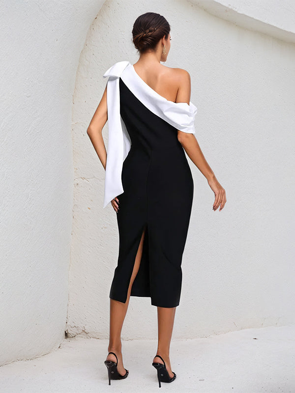 Black Stretch Crepe One Shoulder Sleeveless Tea Length Dress With White Bow