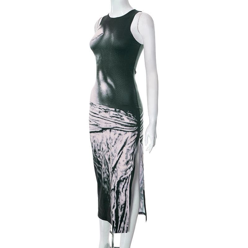 Contrast print sleeveless crewneck slit midi dress