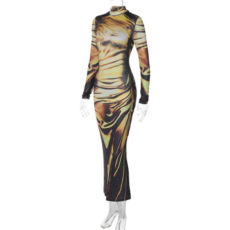Long sleeve high neck print abstract midi dress