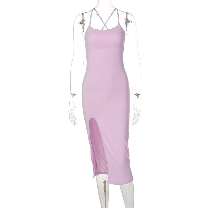 Cross back solid slit backless sleeveless midi dress