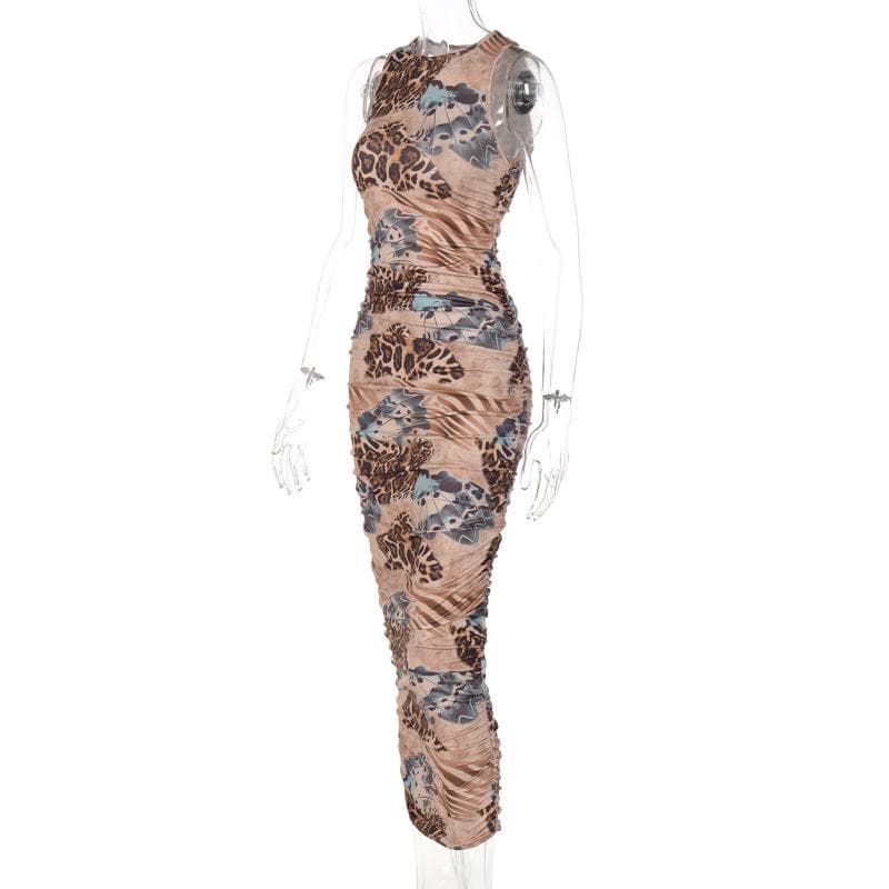 Leopard contrast print sleeveless midi dress