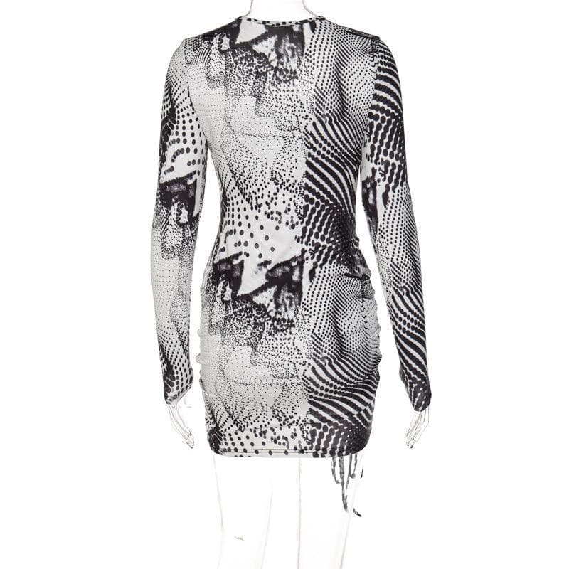 Long sleeve cross front print ruched drawstring dress