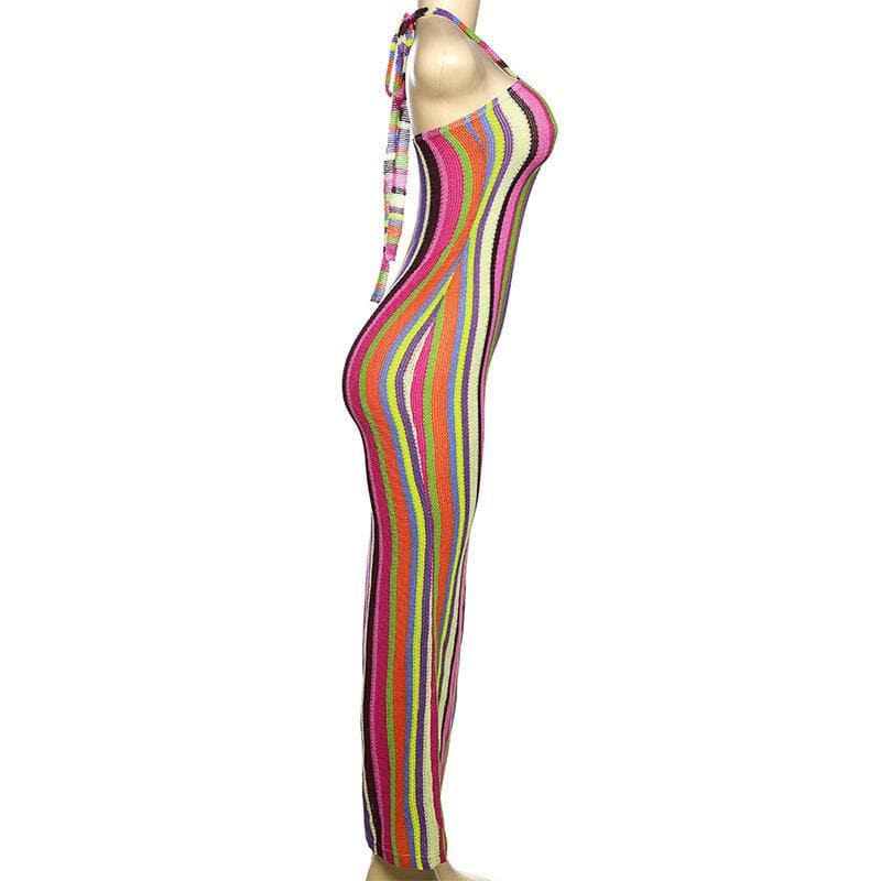 Halter self tie backless striped contrast maxi dress