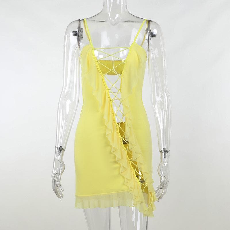 Lace up ruffle hollow out backless cami mini dress