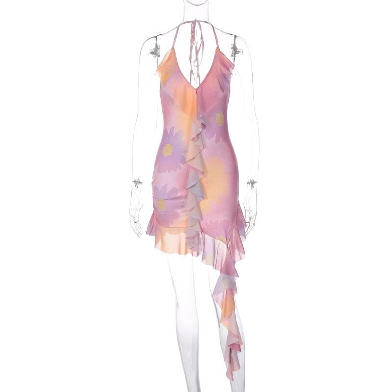 Halter v neck ruffle backless ribbon contrast self tie mini dress