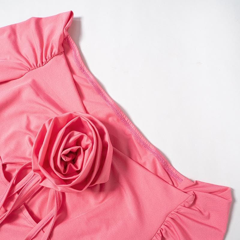 Flower applique hollow out ruched long flared sleeve mini dress