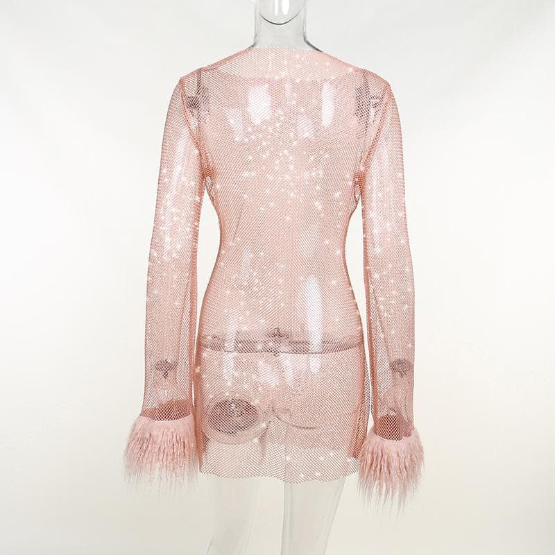 Long sleeve solid see through sheer mesh fluffy round neck mini dress