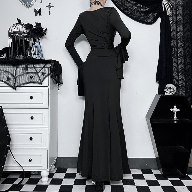 Long flared sleeve solid v neck ruched maxi dress