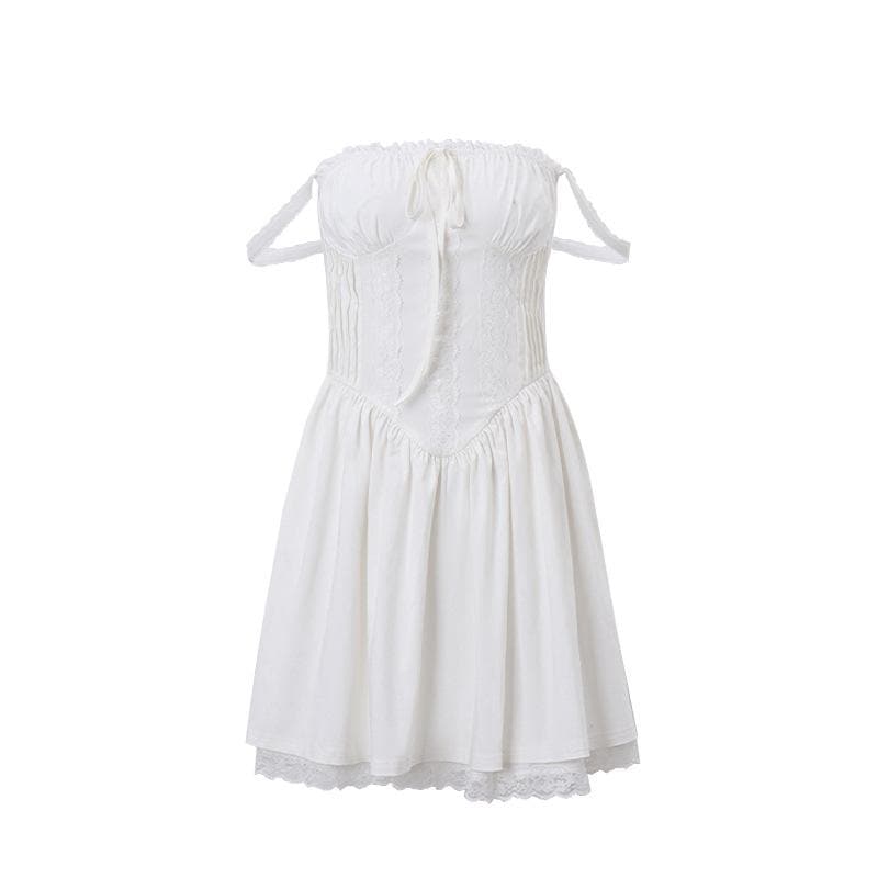 Lace hem lace up ruched backless square neck mini dress