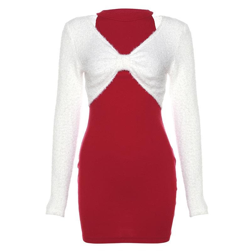 Fluffy bowknot knotted long sleeve contrast shrug mini dress