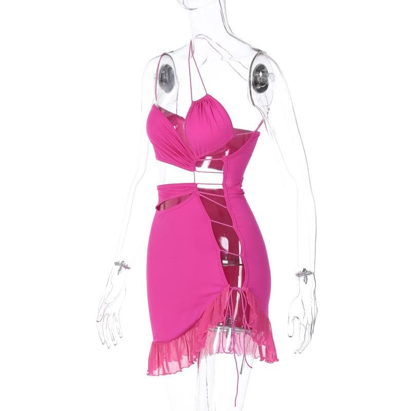 Irregular hollow out ruffle backless one shoulder spaghetti strap mini dress