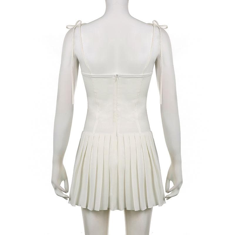 Pleated solid corset button self tie zip-up mini dress