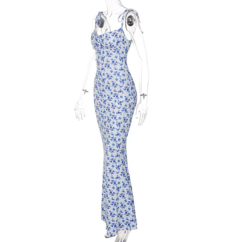 Flower print self tie backless mermaid hem maxi dress
