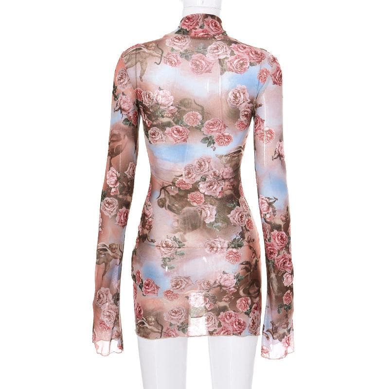 Flower print long sleeve slit sheer mesh see through high neck mini dress