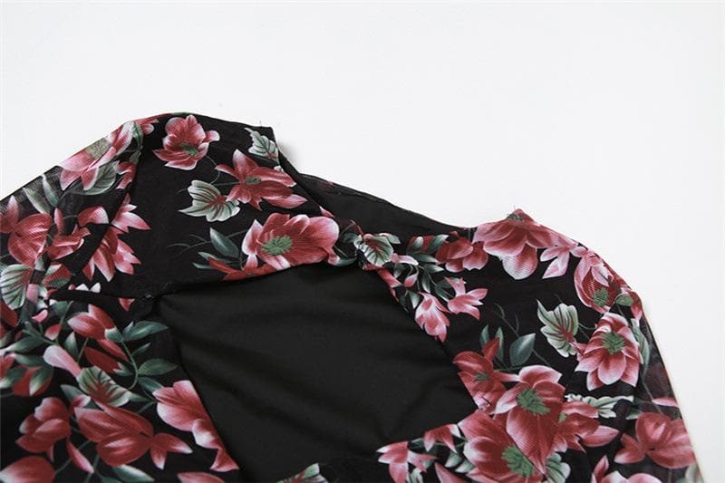 Flower print contrast hollow out long flared sleeve mini dress