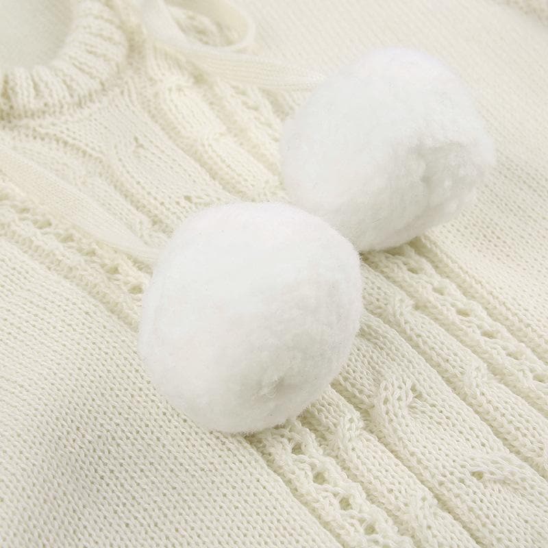 Crochet solid long sleeve hoodie v neck hairball mini dress - Final Sale