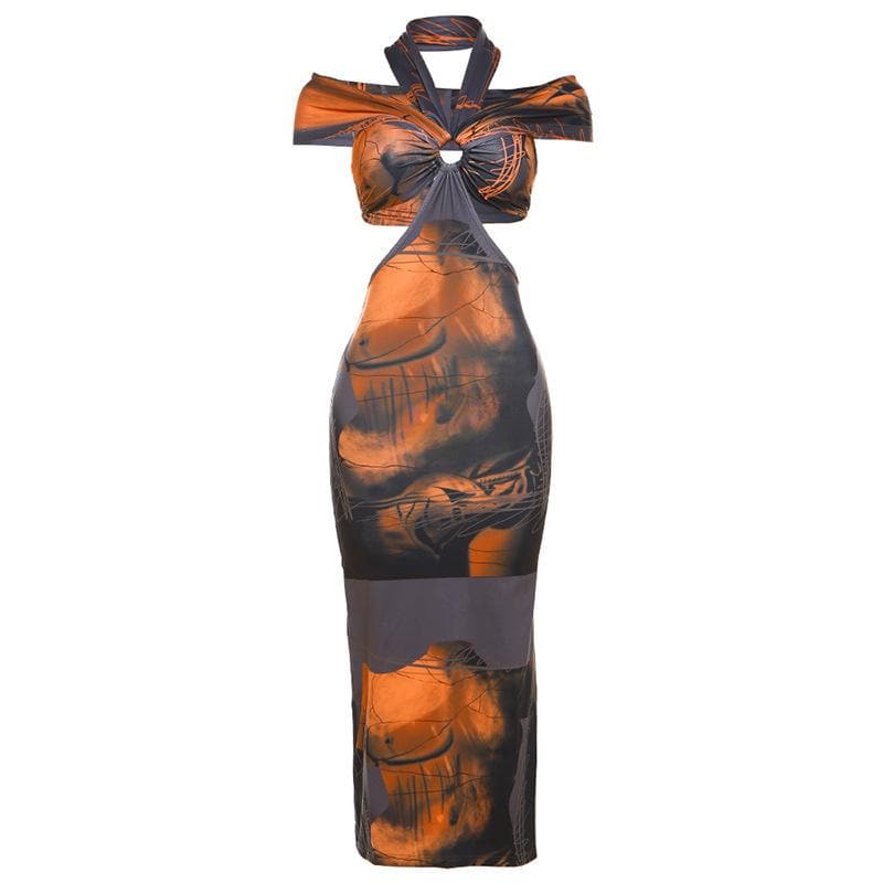 Contrast print off shoulder halter hollow out o ring midi dress