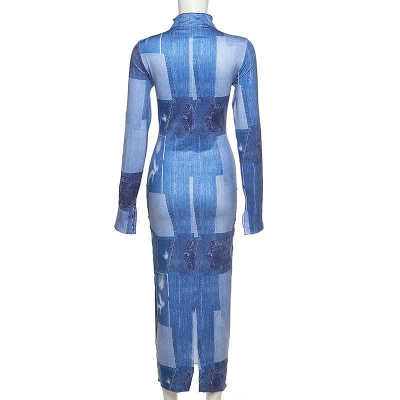 Denim print long sleeve high neck stitch contrast slit maxi dress