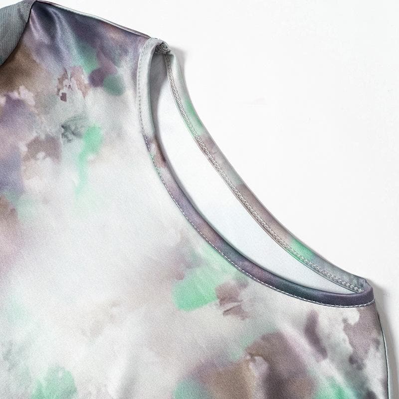 Long sleeve crewneck tie dye mesh gloves contrast midi dress