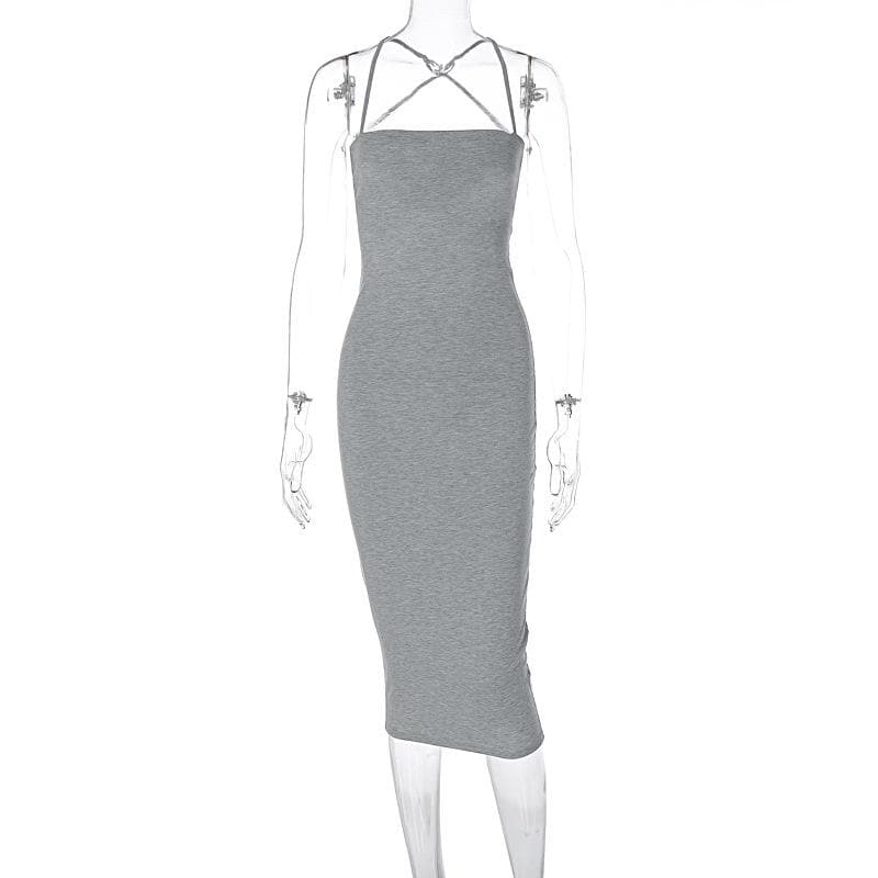 Cross back lace up self tie backless solid square neck midi dress