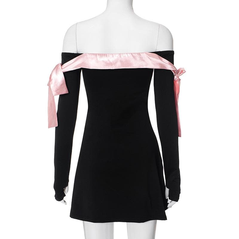 Bowknot contrast gloves long sleeve 3-way off shoulder mini dress