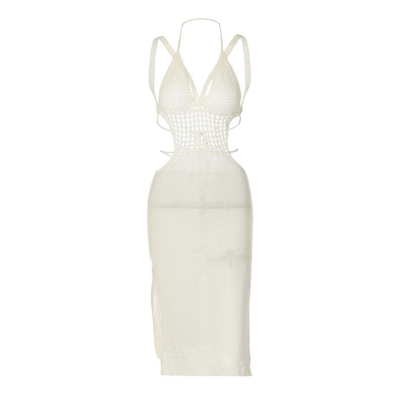 Knitted solid v neck sleeveless hollow out backless self tie midi dress