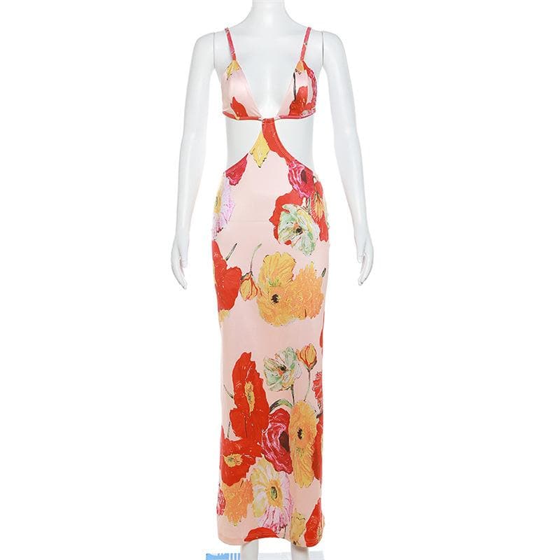 Hollow out v neck backless self tie flower print maxi dress
